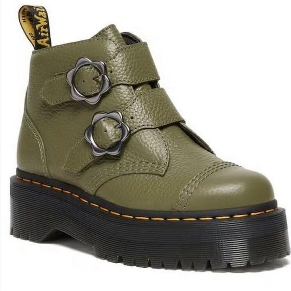 Dr. Martens Shoes - Dr Doc Martens Devon Flower Leather Platform Buckle Boots Green Womens Sz 7 NEW